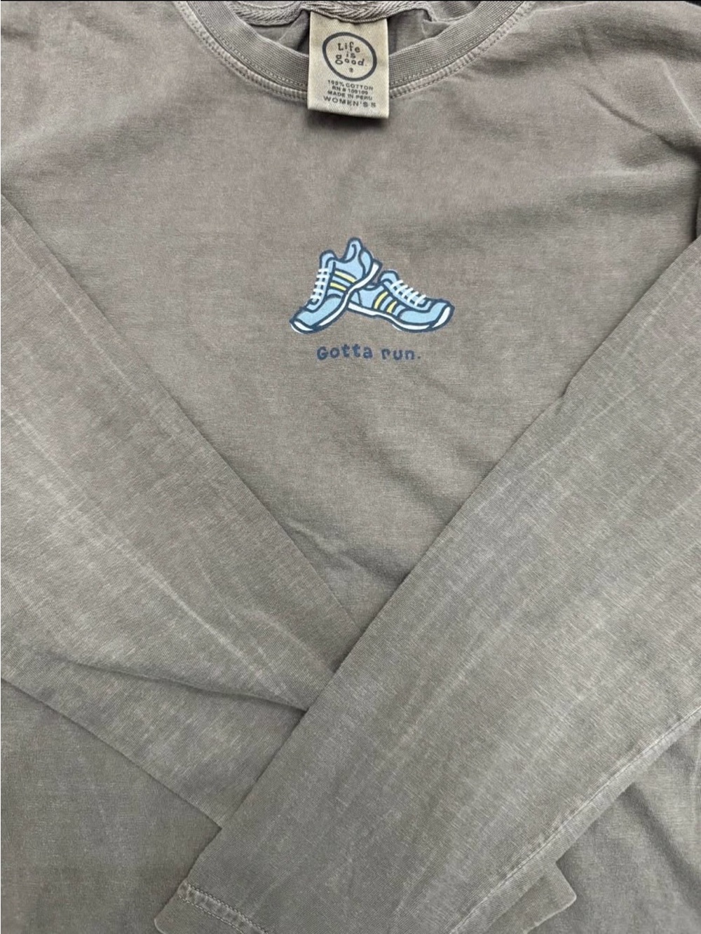 Life Is Good Gray Long Sleeve Tee with Blue Sneaker Graphic